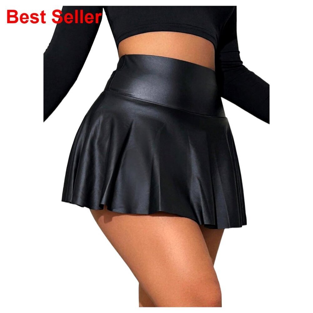 PU Leather Elastic High Waist Skort with Ruffle Hem Flared Skirt Shorts